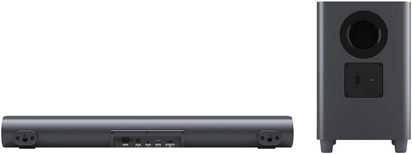 Eine Soundbar und ein Subwoofer sind auf weißem Hintergrund abgebildet.