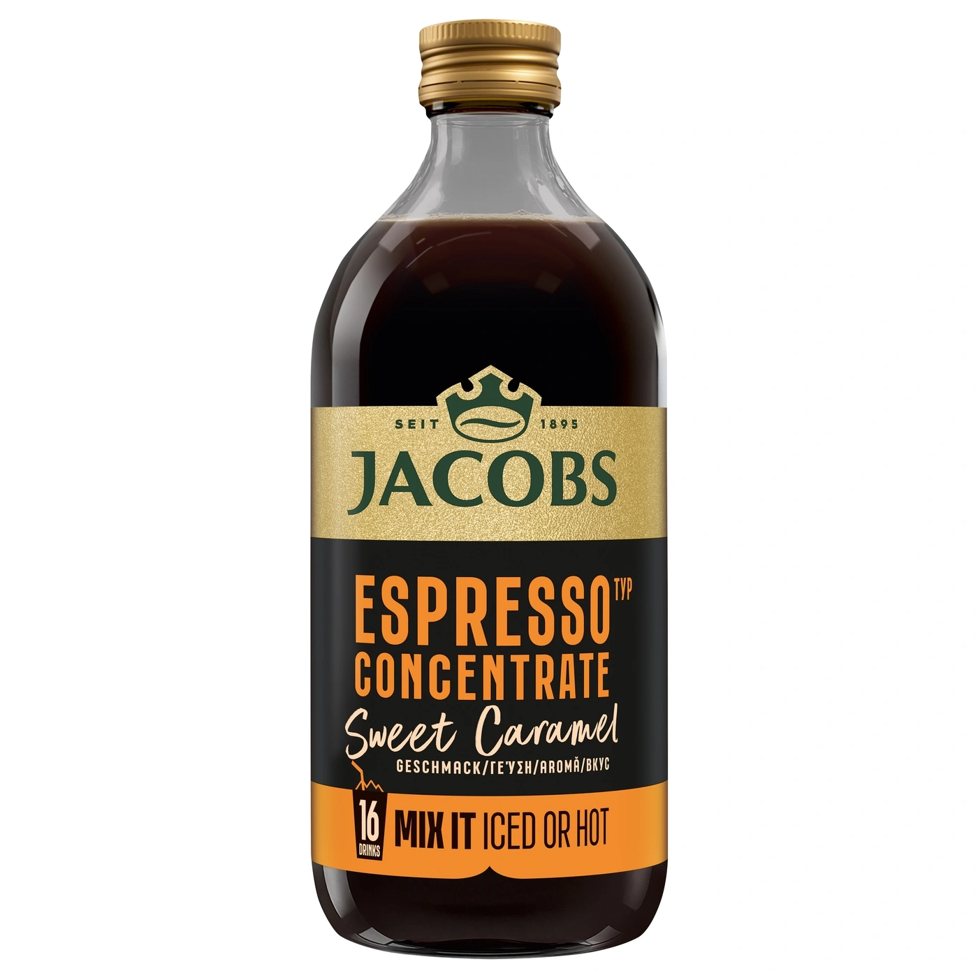 Jacobs Espresso Konzentrat mit Karamellgeschmack in einer Glasflasche.