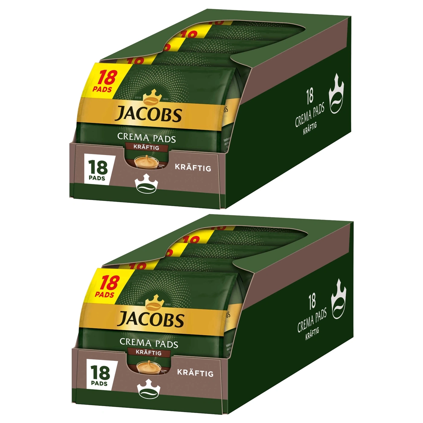 Zwei Jacobs Crema Pads Packungen mit 18 Pads, Kräftig, Kaffee, Verpackung