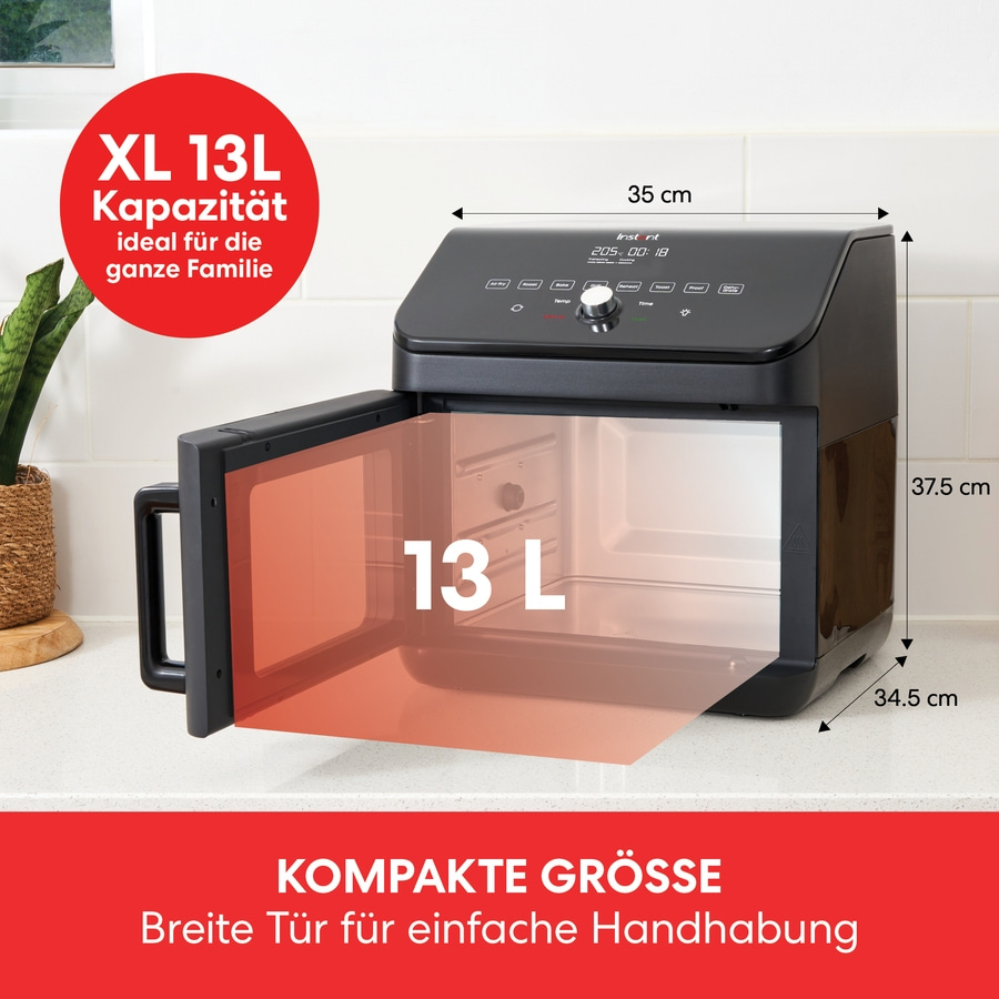 XL 13L Airfryer mit 35 cm Breite, 37.5 cm Höhe und 34.5 cm Tiefe, ideal für die ganze Familie.