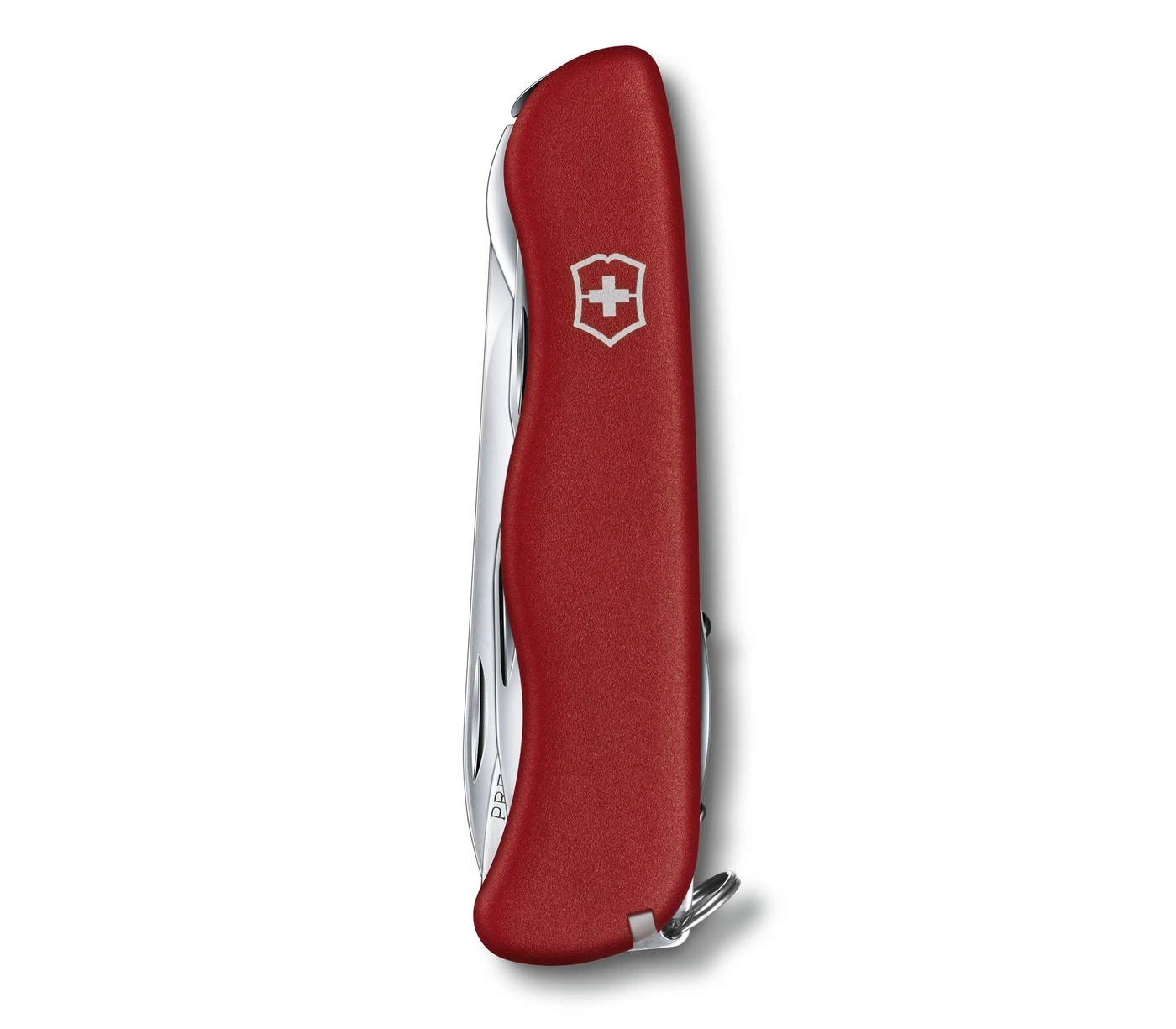 Ein rotes Schweizer Taschenmesser mit silbernem Kreuz-Symbol und Werkzeugen.