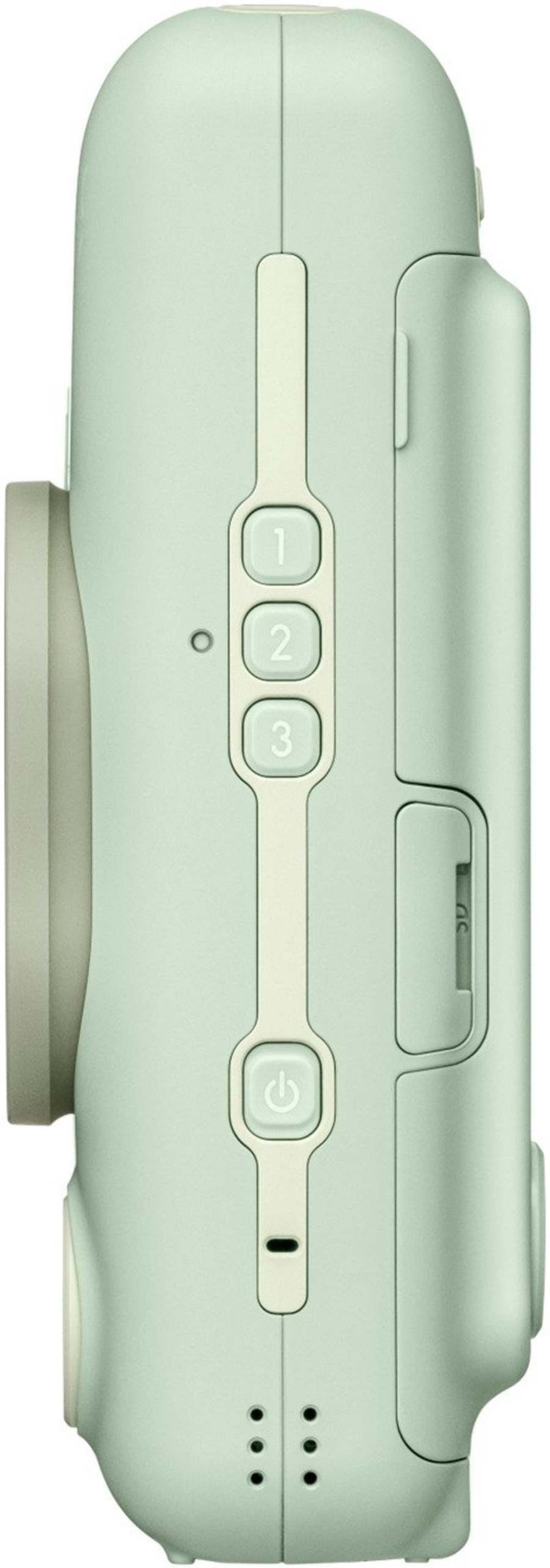 Grüne Kamera mit Knöpfen und SD-Kartensteckplatz. Design, Technologie, Fotografie.