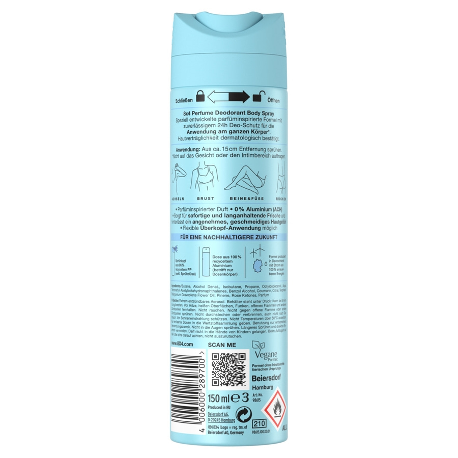 Eine Dose 8x4 Parfum Body Spray mit Anwendungshinweisen und Nachhaltigkeitsinformationen.