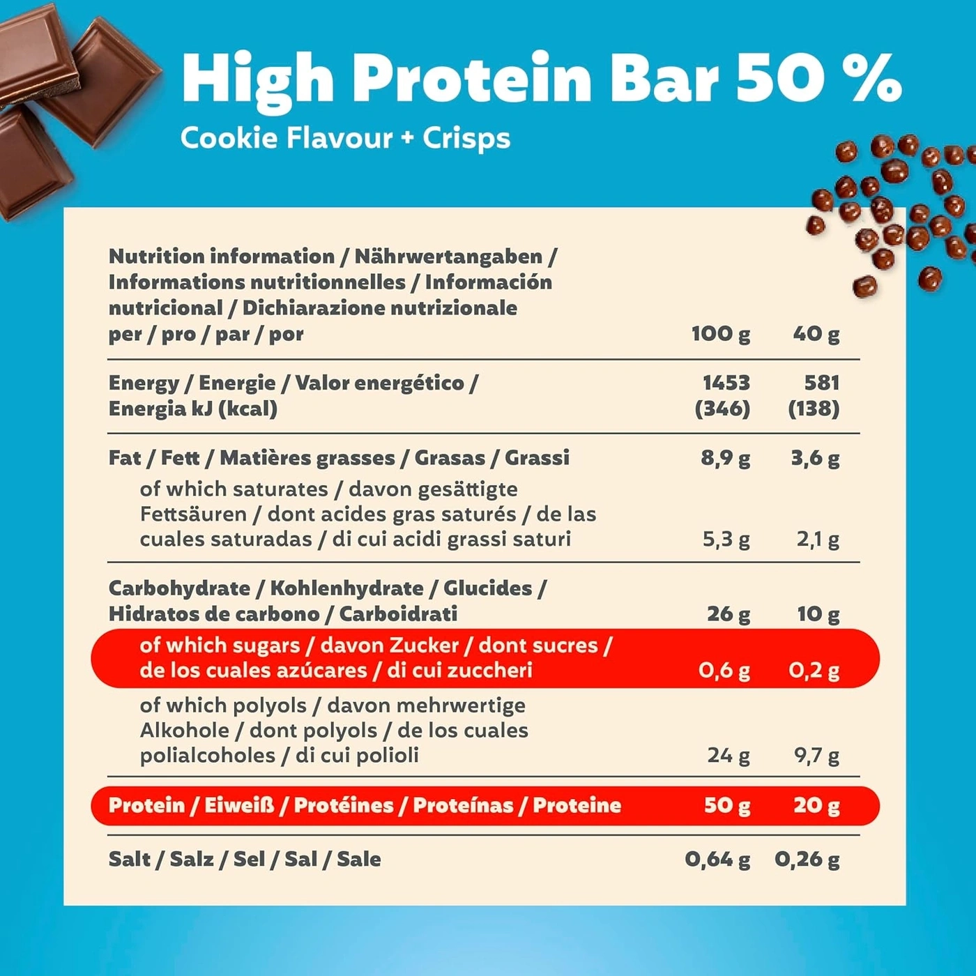 Nährwertangaben für Proteinriegel mit Keksgeschmack und Crisps