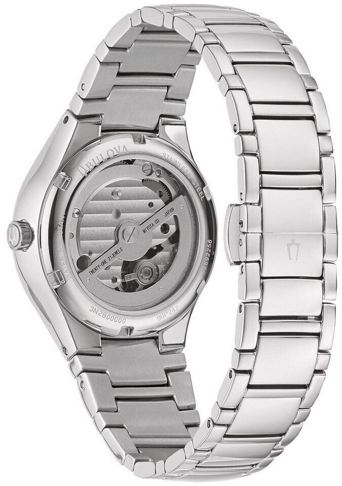 Bulova-Uhr mit transparentem Gehäuseboden, Edelstahlarmband, japanisches Uhrwerk, 21 Steine.