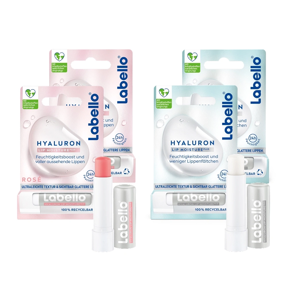 Labello Lippenpflege Produkte mit Hyaluron, Feuchtigkeit und Glättung.