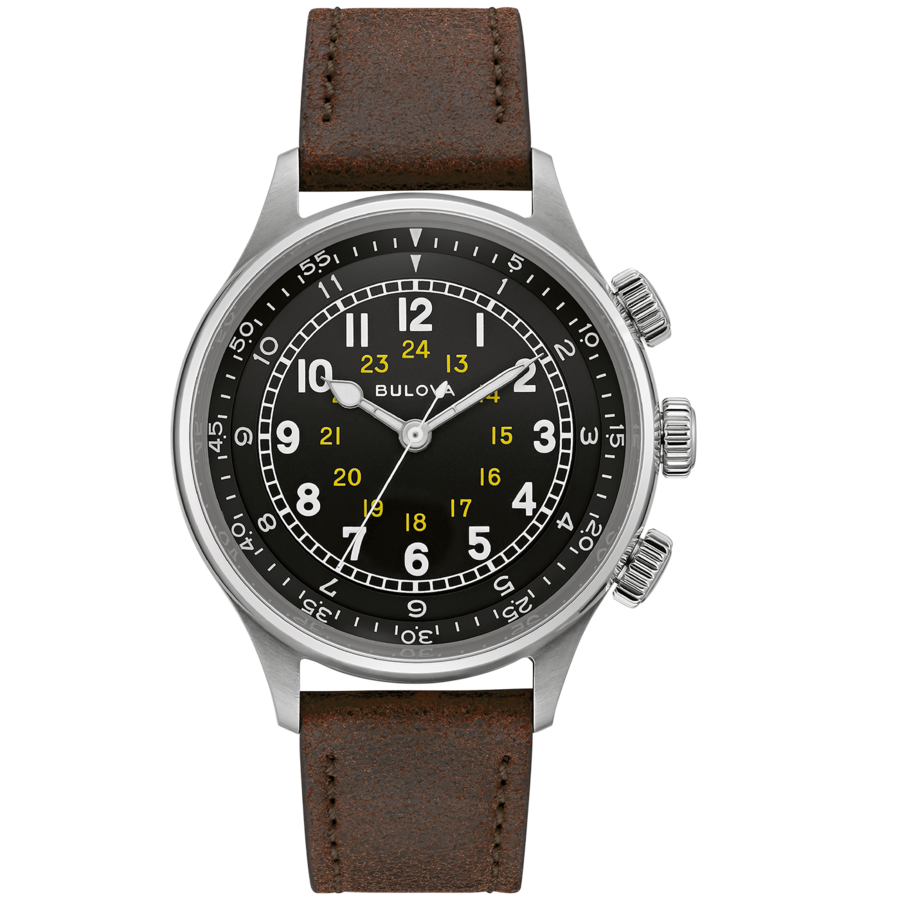 BULOVA 96A245 Armbanduhr Automatikuhr Herrenuhr Lederarmband 42 mm B-Ware Bulova Uhr mit schwarzem Zifferblatt und braunem Lederarmband, Detailaufnahme.