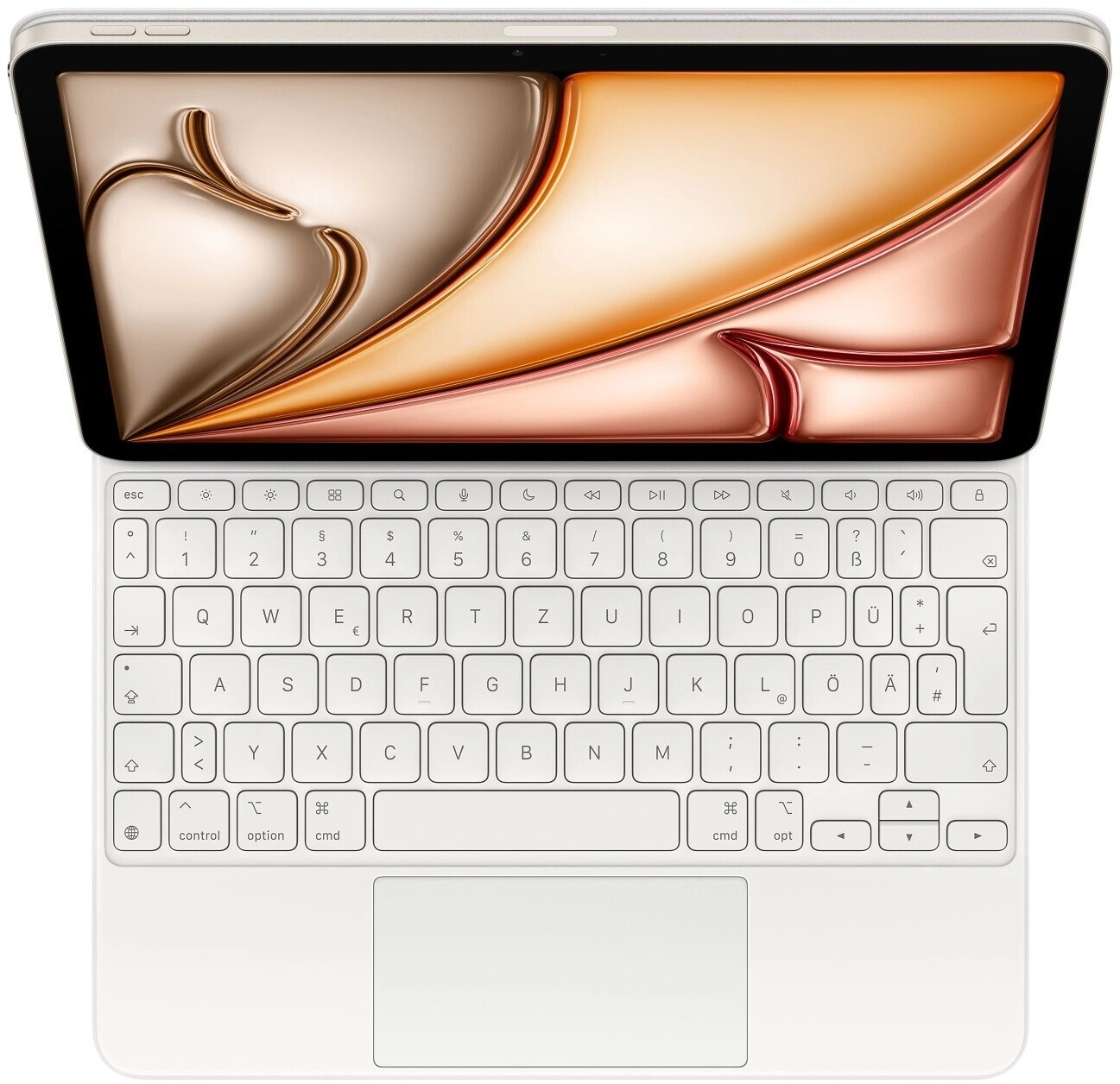 Laptop mit weißer Tastatur und Touchpad, geöffnet, Nahaufnahme, Draufsicht