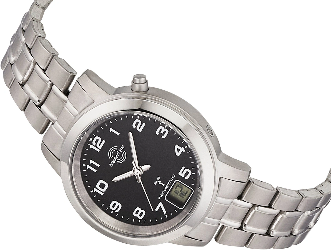 Herren-Armbanduhr aus Edelstahl mit schwarzem Zifferblatt und digitaler Anzeige.