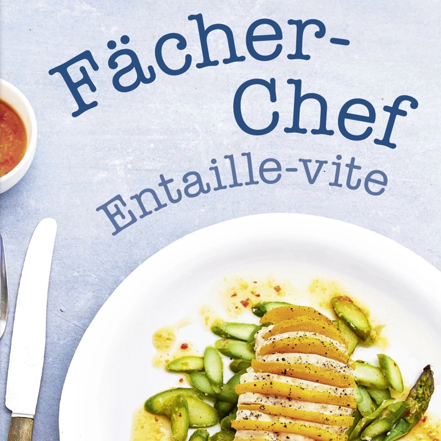 Gericht mit Spargel und Hähnchen, Fächer-Chef, Entaille-vite