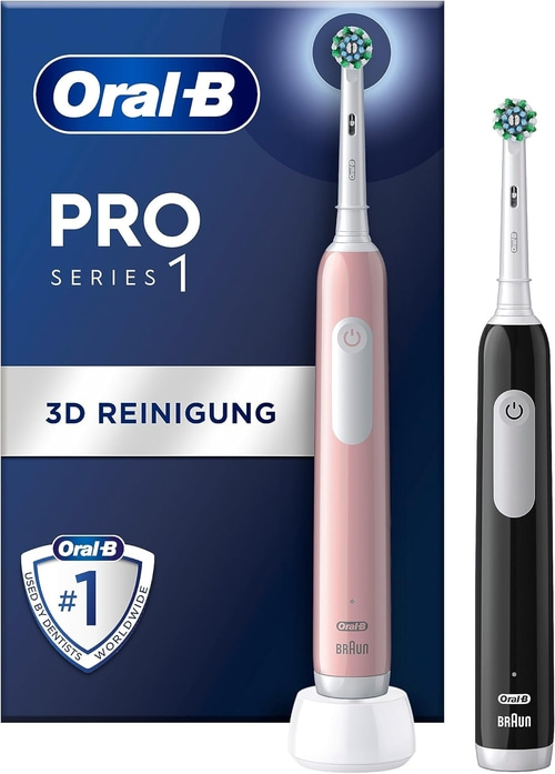 Zwei elektrische Zahnbürsten von Oral-B, rosa und schwarz, mit Ladestation und Verpackung.