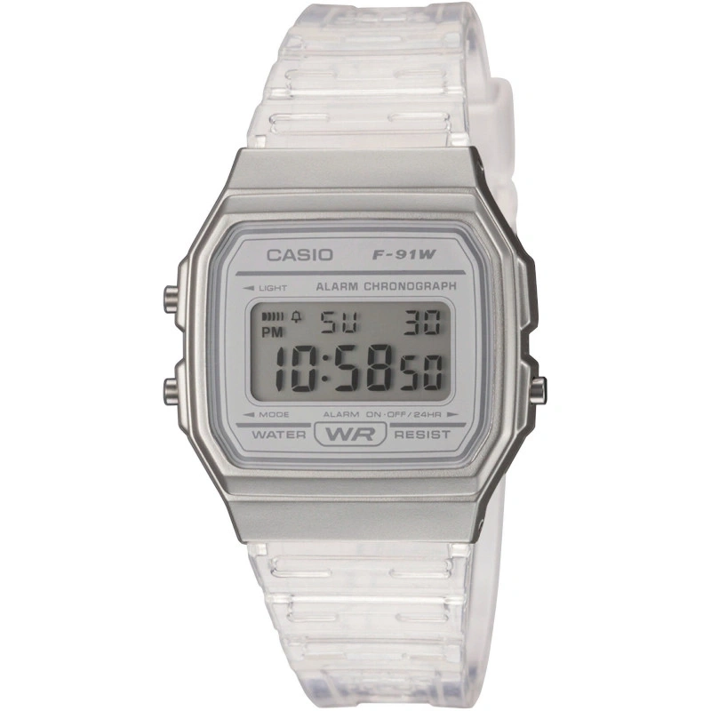 Casio F-91W Digitalklassiker mit durchsichtigem Armband und silbernem Gehäuse auf weißem Hintergrund.