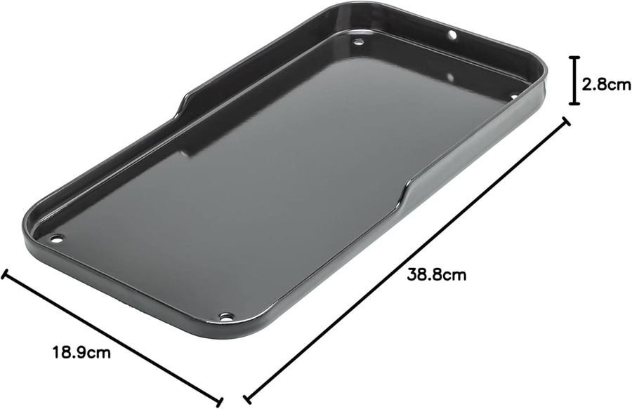 Schwarze rechteckige Metallschale mit Abmessungen von 38,8 cm x 18,9 cm und einer Höhe von 2,8 cm.