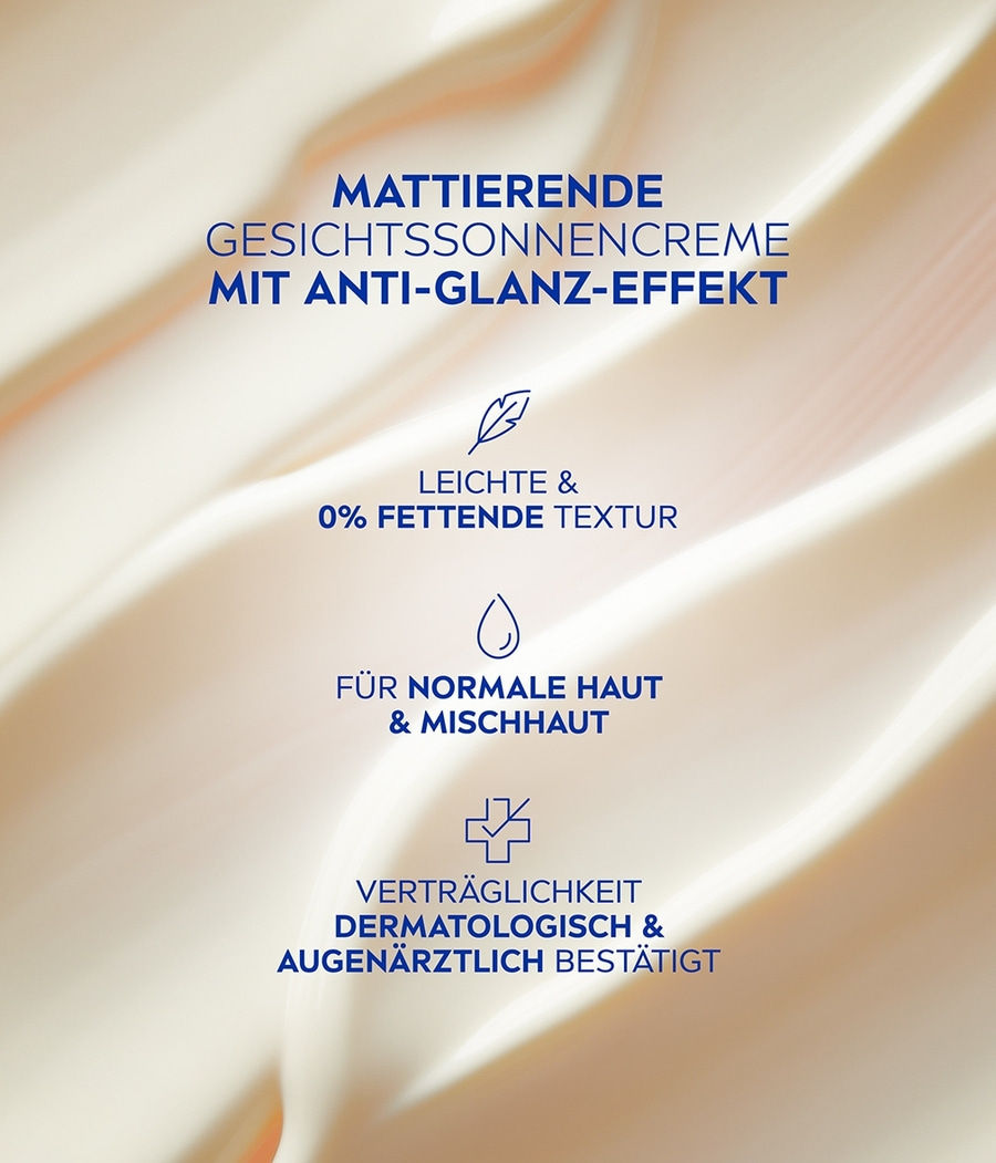 Sonnencreme mit Anti-Glanz-Effekt, leichte Textur, für normale Haut und Mischhaut.