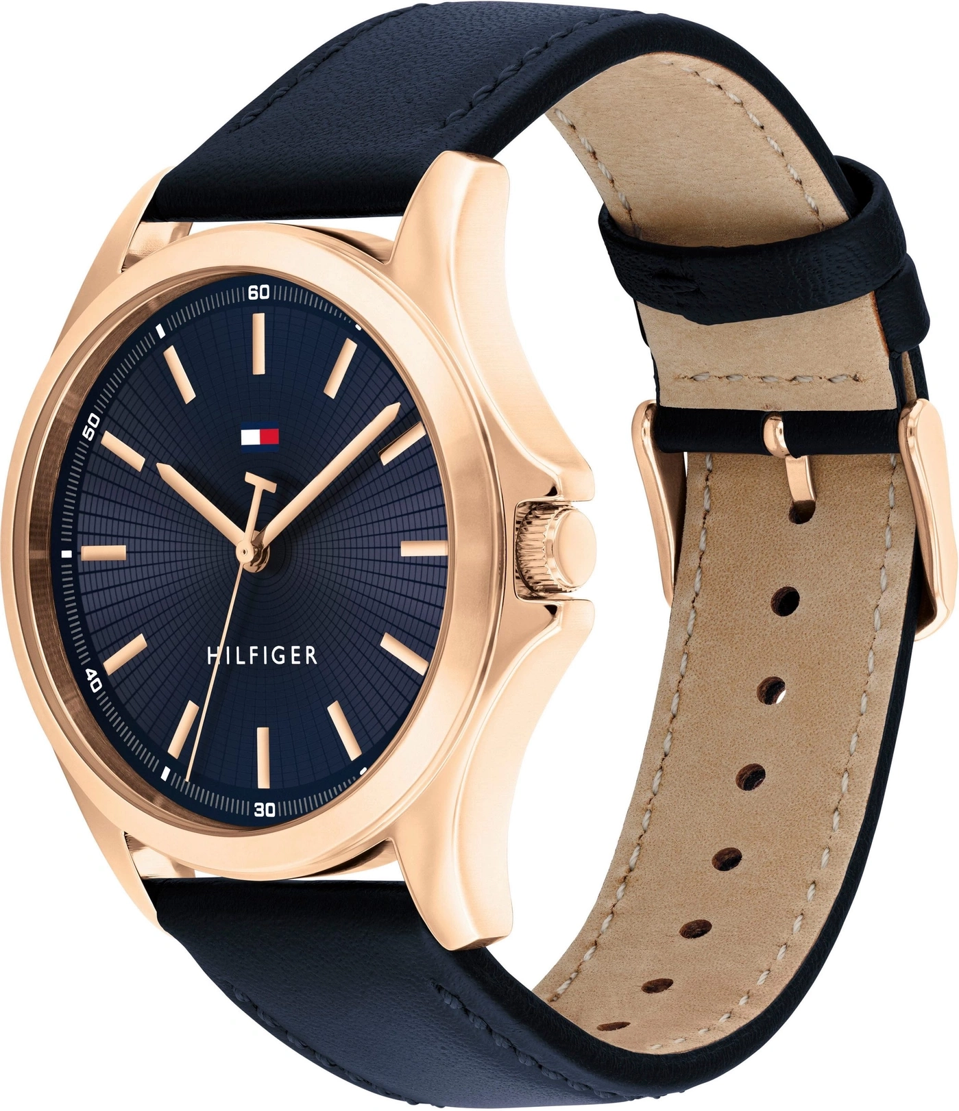 Eine schicke Tommy Hilfiger Herrenuhr mit blauem Zifferblatt und schwarzem Lederarmband.