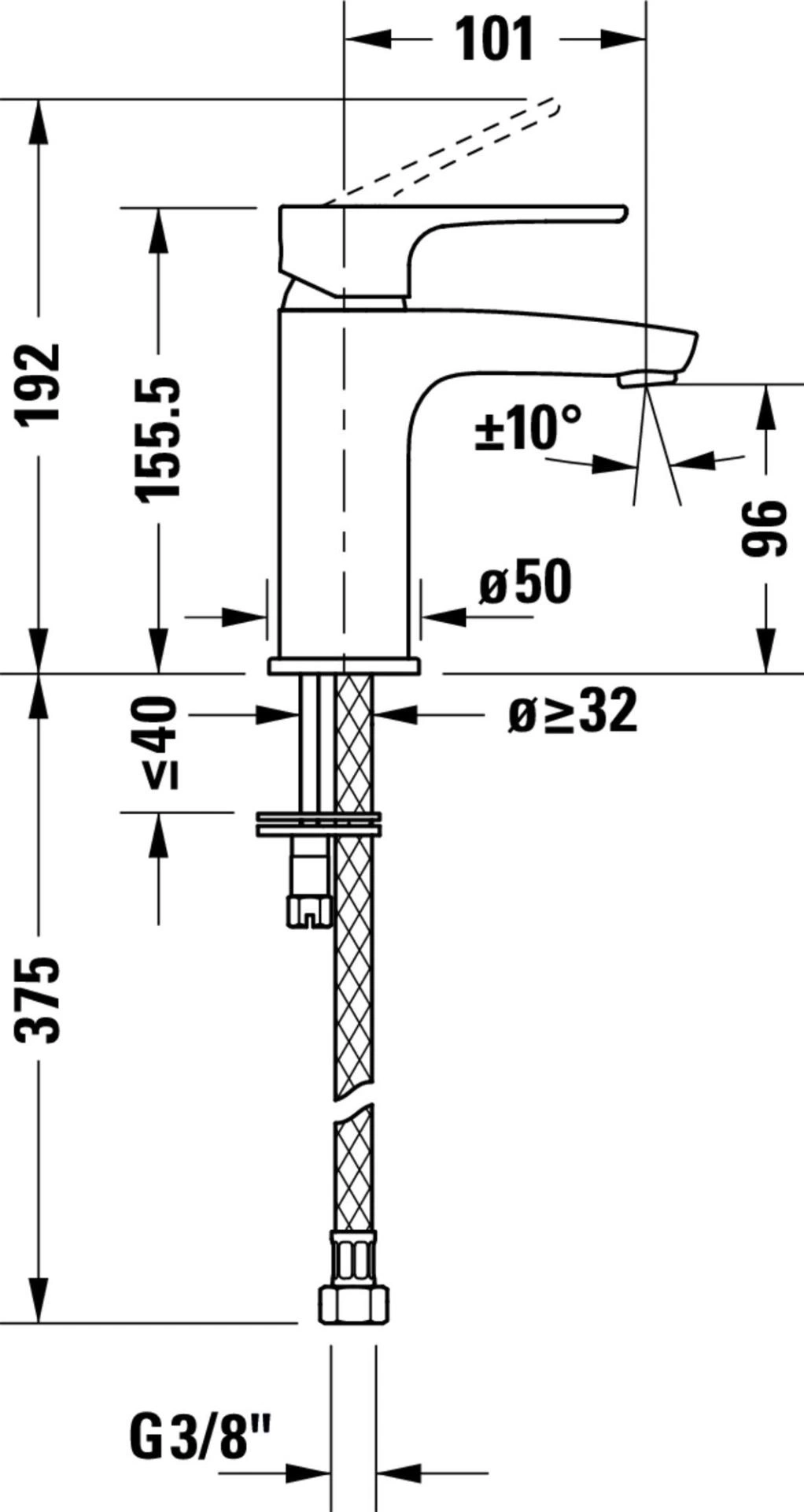 Wasserhahn mit Abmessungen: 192mm, 155.5mm, 101mm, 96mm, Ø50, Ø≥32, G3/8", ≤40, 375mm, ±10°