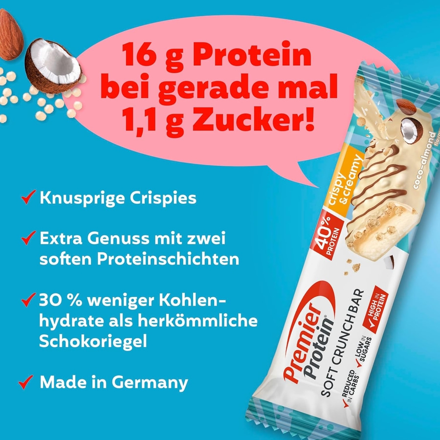 Proteinriegel mit Kokos-Mandel-Geschmack, der viel Protein und wenig Zucker enthält.