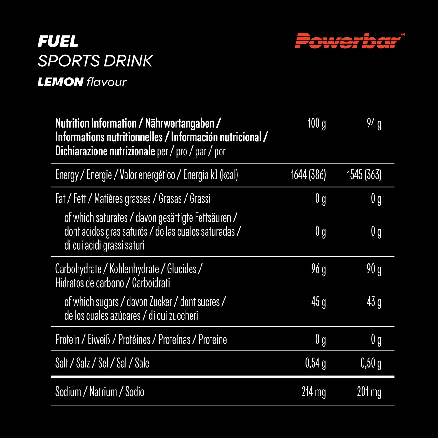 POWERBAR Kohlenhydratgetränk Fuel 90 Lemon High Carb Sports Drink 10 x 94 g