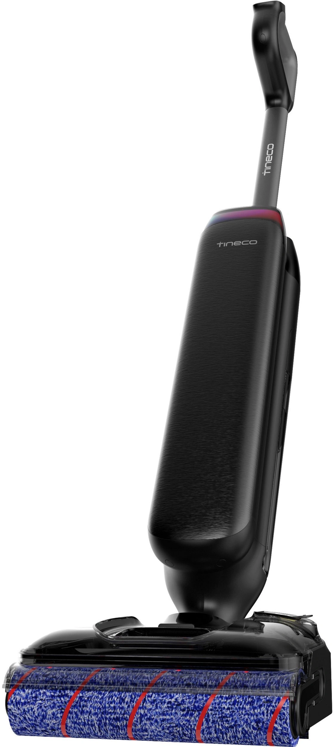 Ein schwarzer Tineco Bodenreiniger mit blau-roter Bürste
