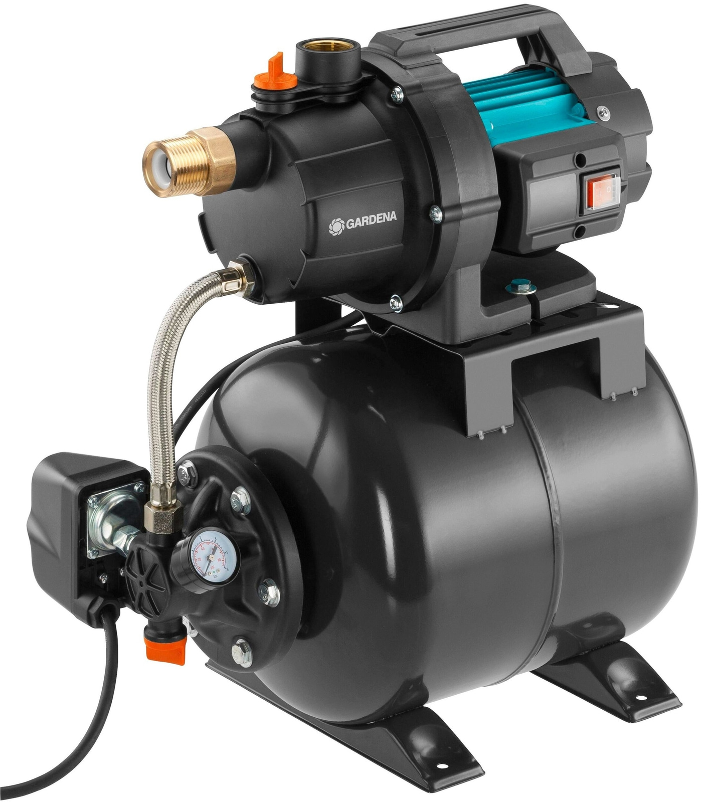 Schwarze Wasserpumpe mit blauem Motor und Druckanzeige, GARDENA-Logo