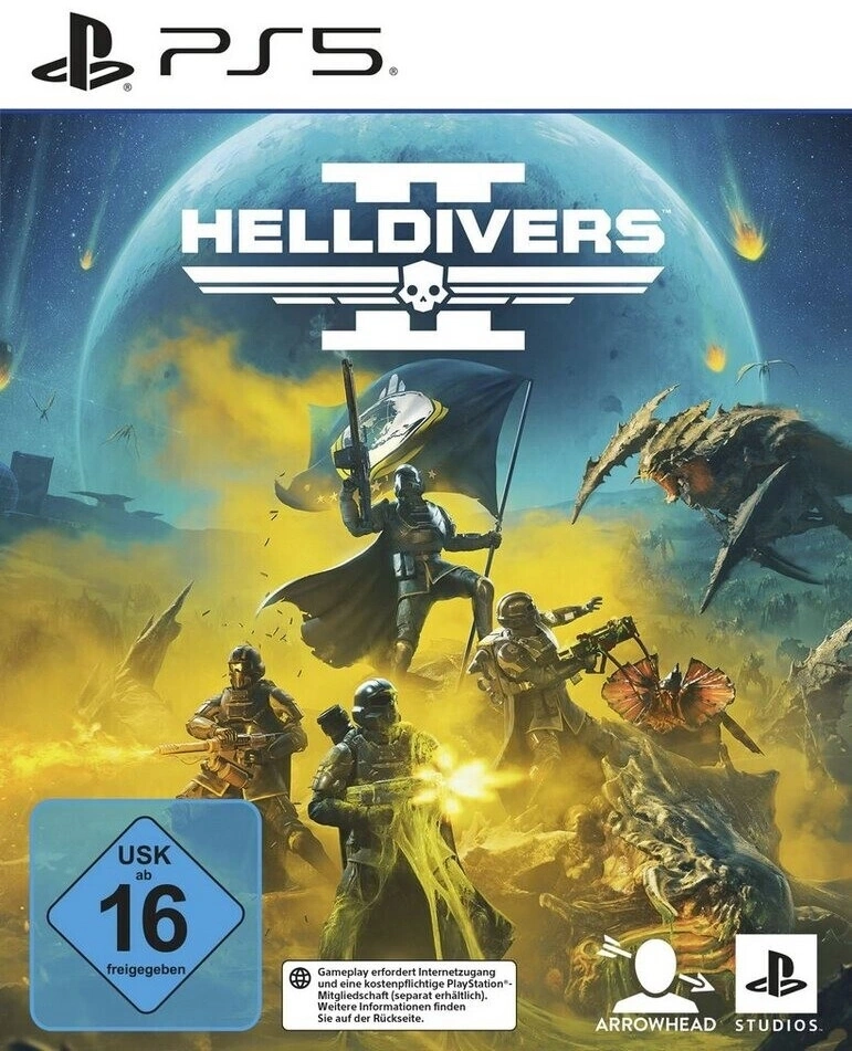 Das PS5 Spiel "HELLDIVERS 2" mit Soldaten im Kampf gegen Monster auf fremden Planeten und dem USK 16 Siegel
