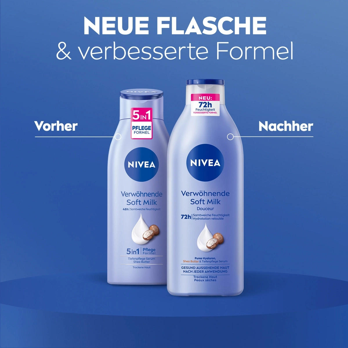 Nivea Soft Milk, vorher und nachher, neue Formel, 72h Feuchtigkeit