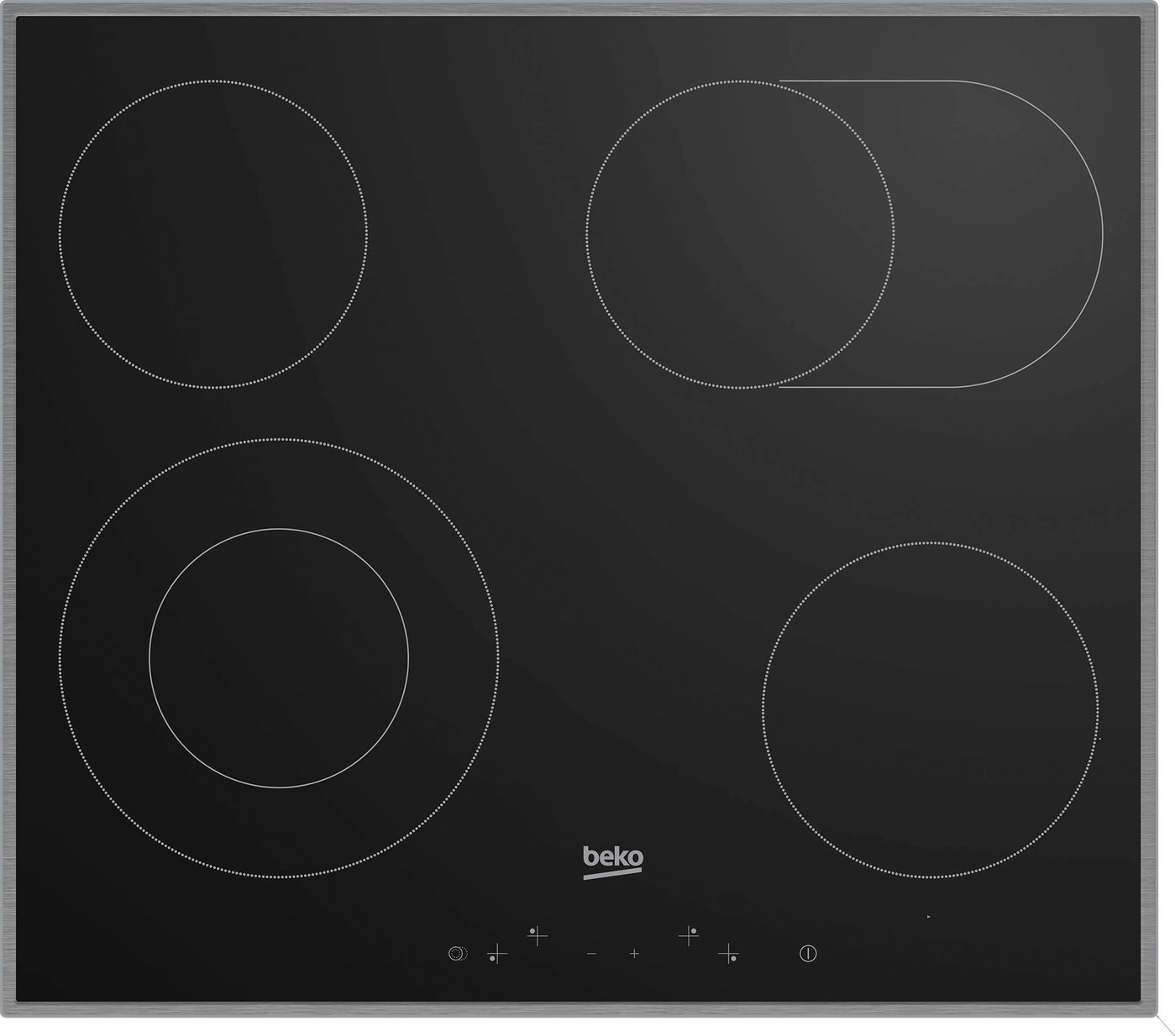 Eine schwarze Beko Kochplatte mit vier Kochzonen und Touch-Bedienfeld.