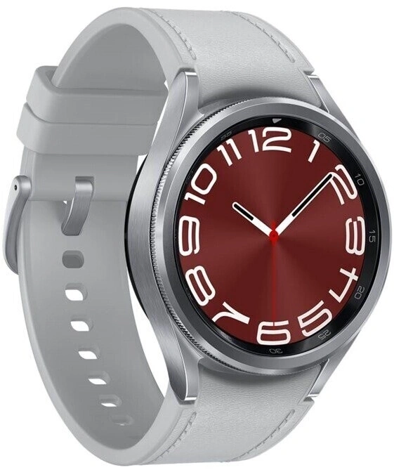 Graue Smartwatch mit rotem Zifferblatt und weißen Ziffern, Nahaufnahme
