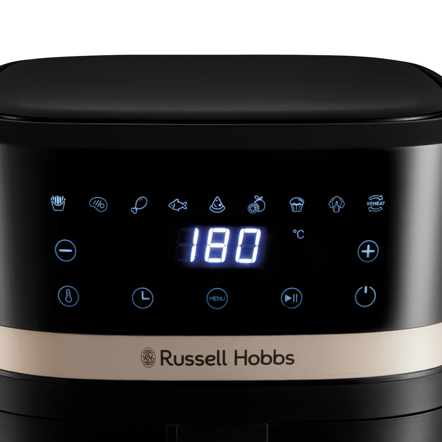 Schwarzer Airfryer mit digitaler Anzeige und Russell Hobbs Logo.