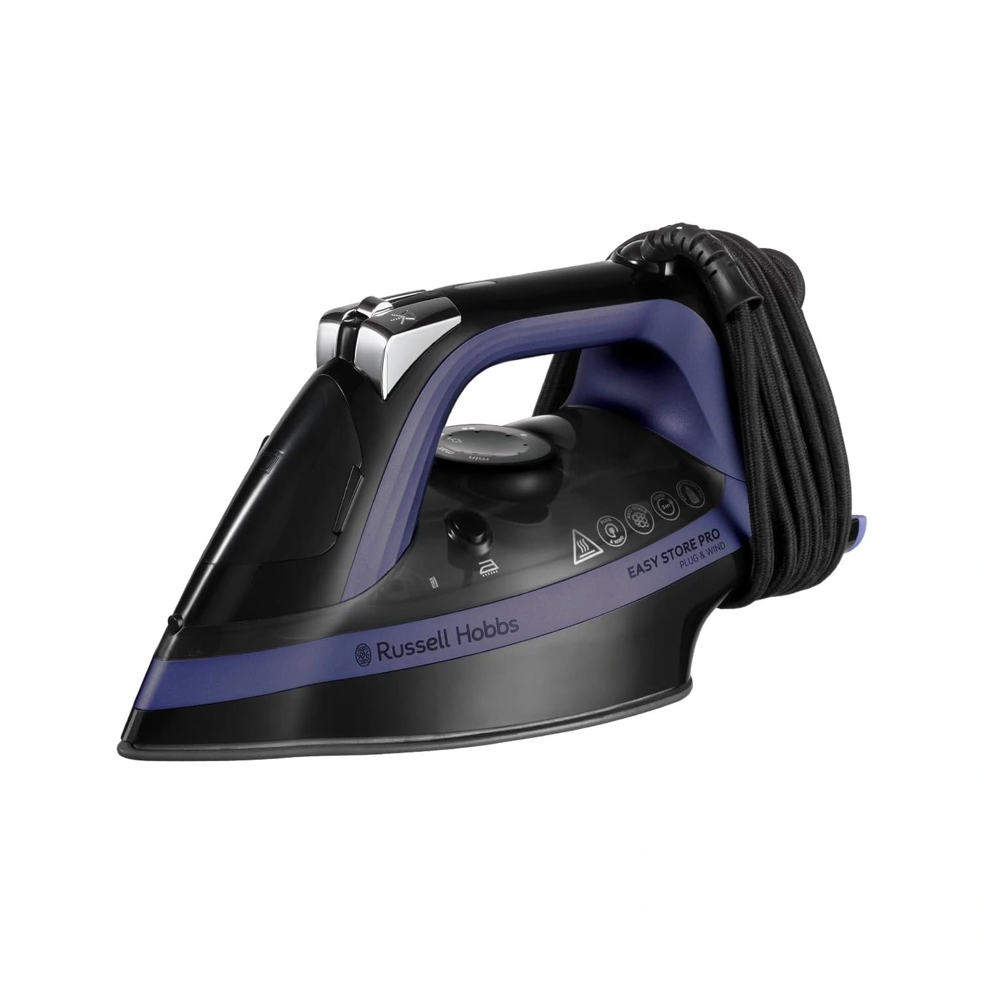 Schwarzes Bügeleisen mit blauem Akzent und Kabel, Russell Hobbs Easy Store Pro.