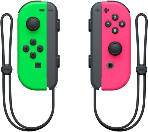 Zwei Nintendo Switch Joy-Con-Controller in Grün und Pink mit schwarzen Handgelenkschlaufen.