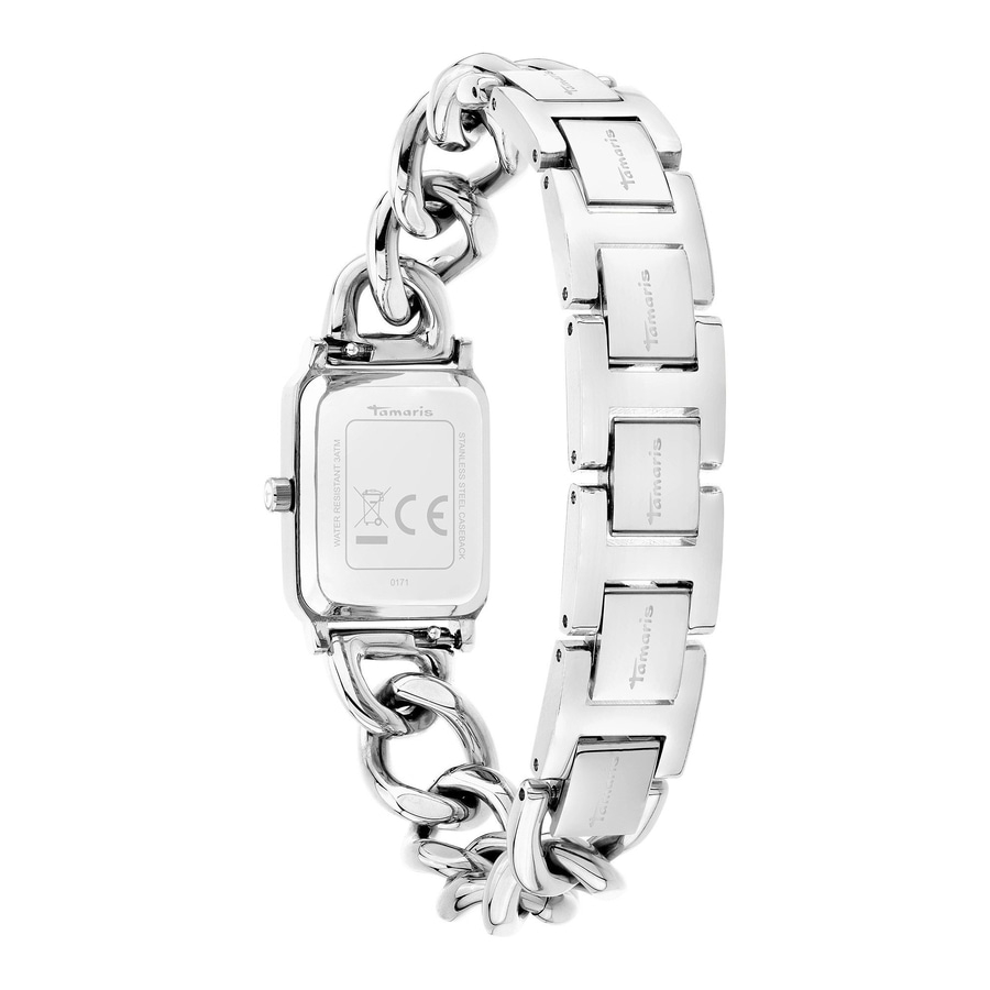 Rückseite einer silbernen Tamaris-Uhr mit Kettengliedern und Markenschriftzug