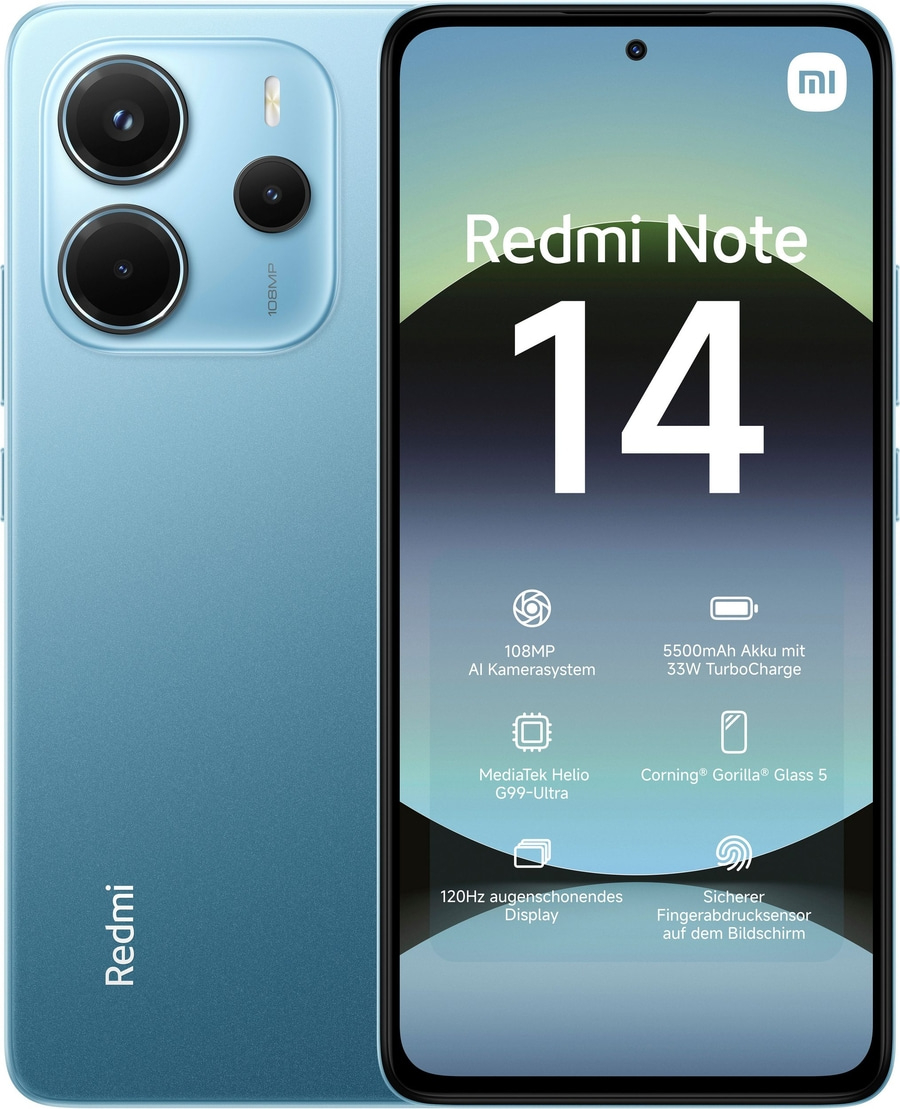 Redmi Note 14 Smartphone mit 108MP Kamera, 120Hz Display und Fingerabdrucksensor.