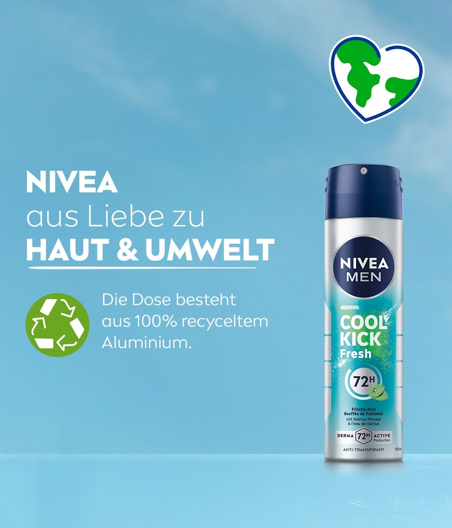 Nivea Cool Kick Fresh Deo Spray mit 72h Schutz und Kaktus-Wasser. Dose aus recyceltem Aluminium.