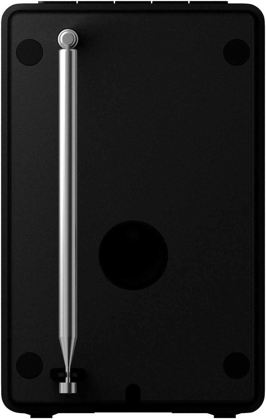 Schwarz Radio mit ausgefahrener Antenne und runden Füßen