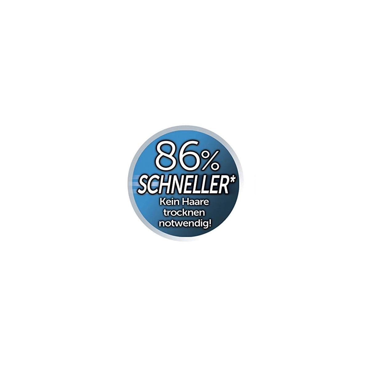 Blauer Kreis mit Text: 86% SCHNELLER* Kein Haare trocknen notwendig!
