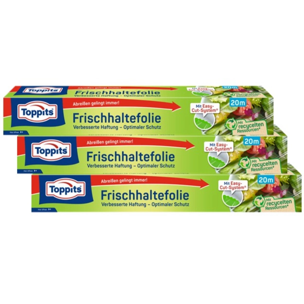 Verpackungen von Toppits Frischhaltefolie mit rotem Pfeil und grüner Schrift.