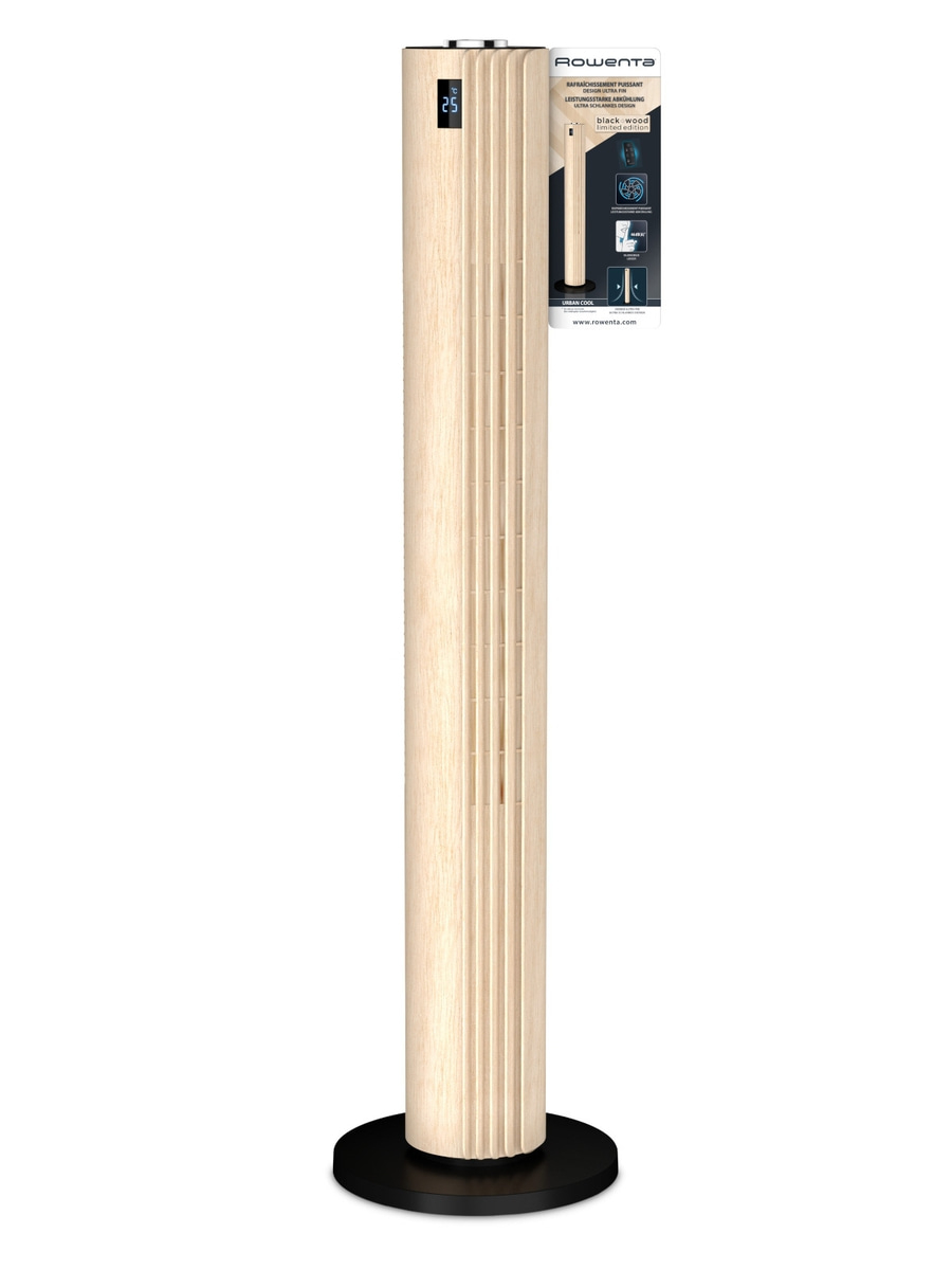 ROWENTA Ventilator leise Turmventilator mit Fernbedienung Schwarz + Holz Optik