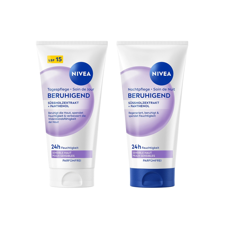 Zwei Nivea Cremes, Tages- und Nachtpflege, beide beruhigend mit Süssholextrakt und Panthenol.