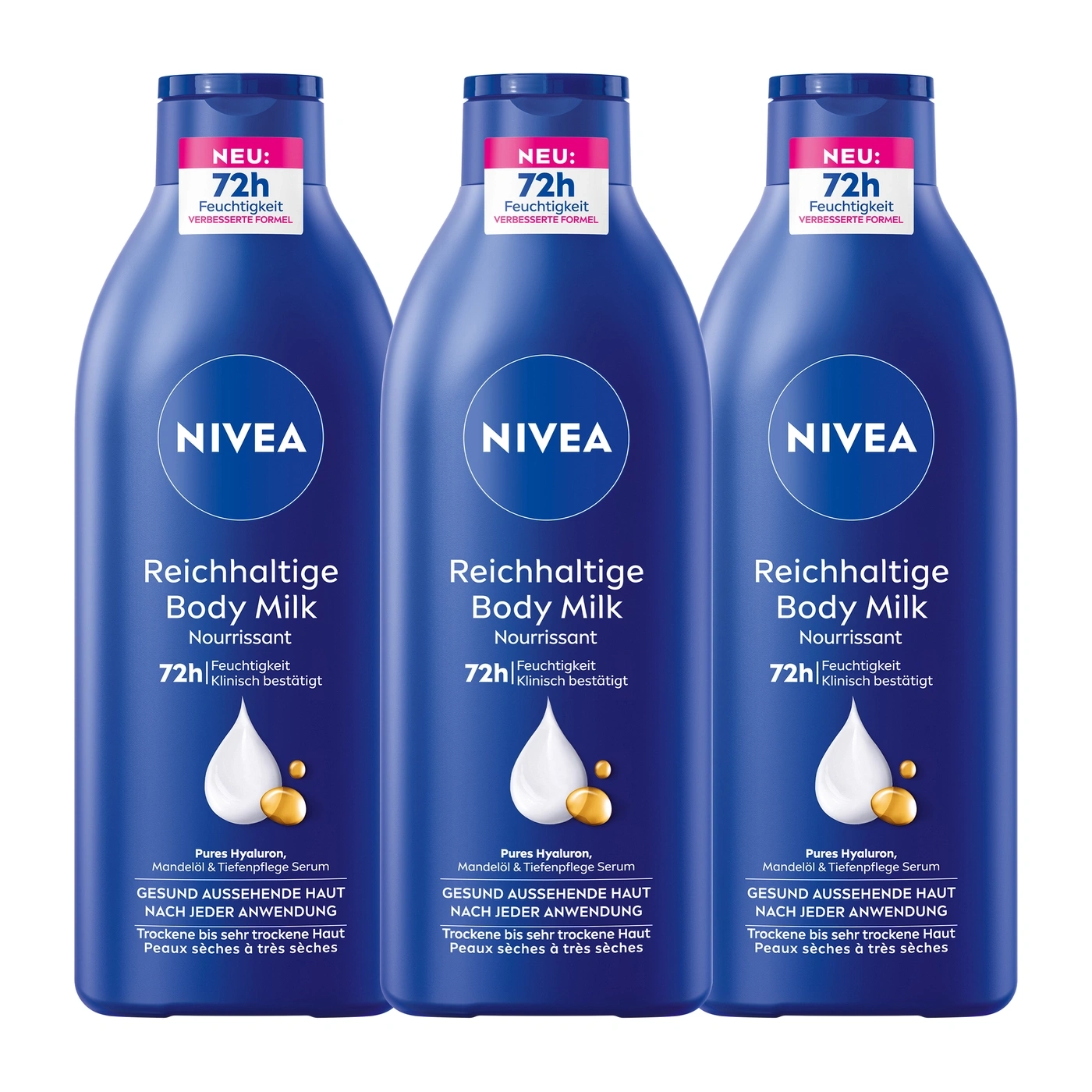 Nivea Body Milk Flaschen mit 72h Feuchtigkeit, für trockene Haut, mit Hyaluron