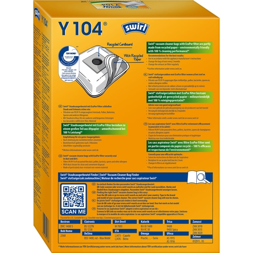 SWIRL Staubsaugerbeutel Y 104 EcoPor® Clatronic, Dirt Devil, Zelmer 12 Beutel