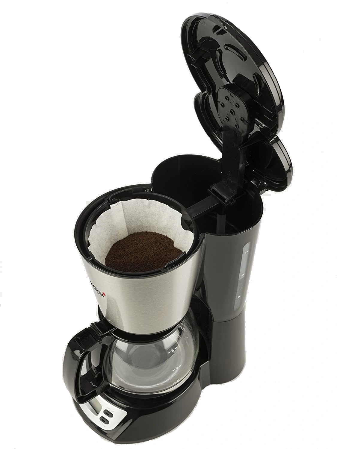 Kaffeemaschine mit Kaffeefilter und Kaffeepulver, geöffneter Deckel, Glasbehälter.