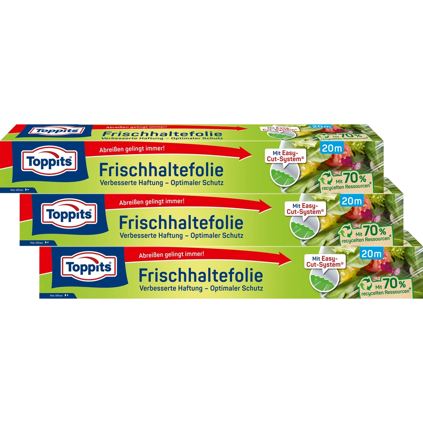 Toppits Frischhaltefolie, 20m, mit Easy-Cut-System, 70% recycelten Ressourcen, verbesserte Haftung