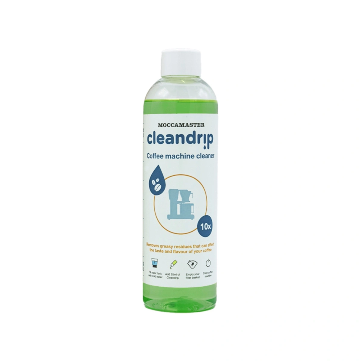 Eine grüne Flasche mit dem Aufdruck Cleandrip, einem Kaffeemaschinenreiniger