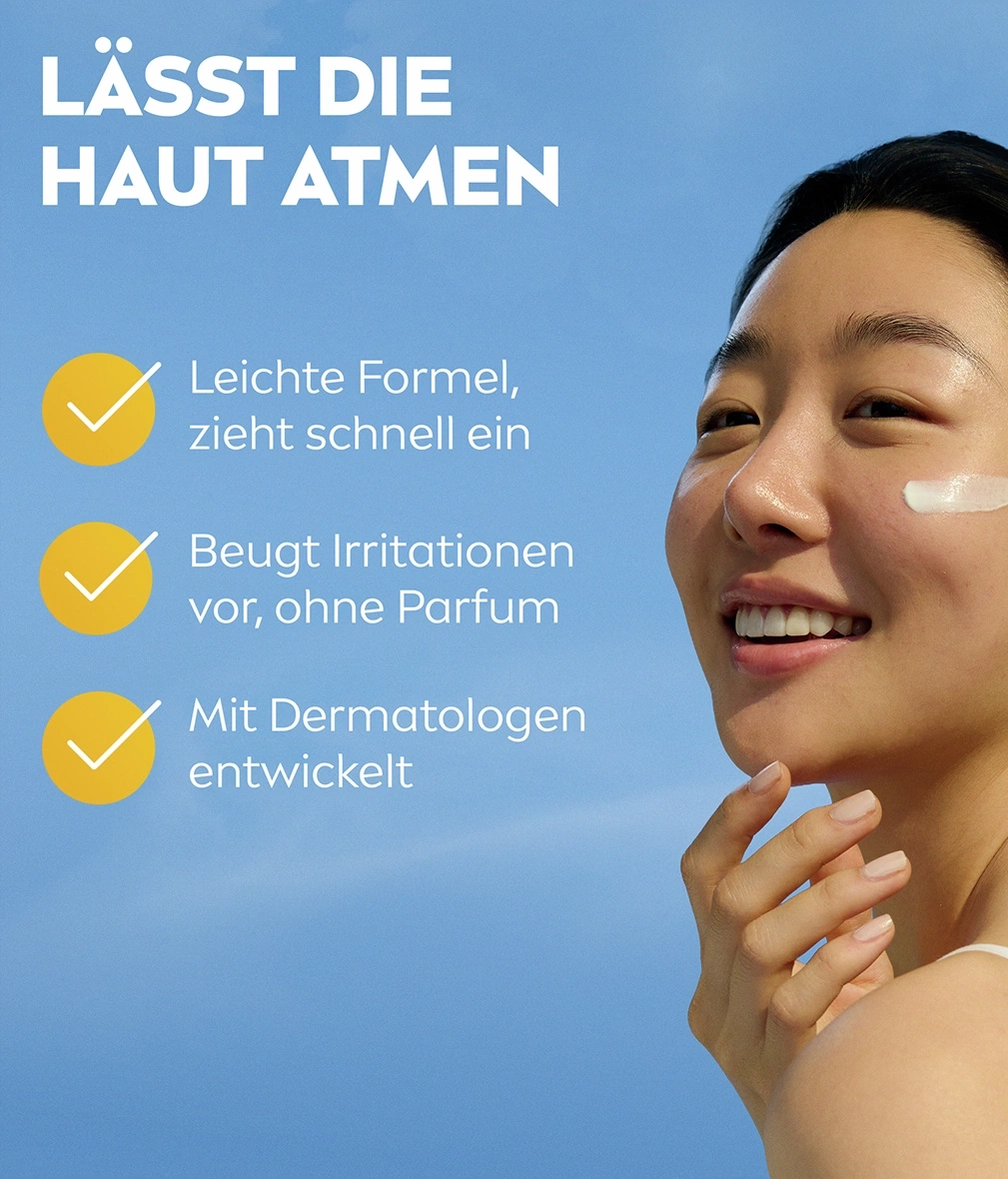 Lässt die Haut atmen: Leichte Formel, zieht schnell ein, beugt Irritationen vor, ohne Parfum, mit Dermatologen entwickelt.