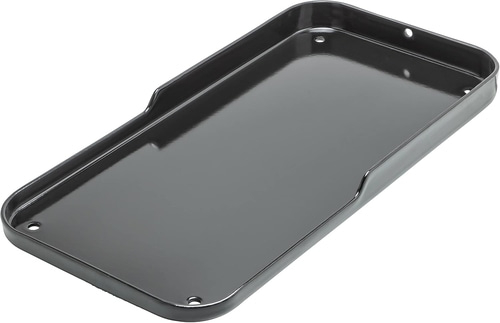 Schwarze Metallwanne mit abgerundeten Ecken und Löchern für die Montage.