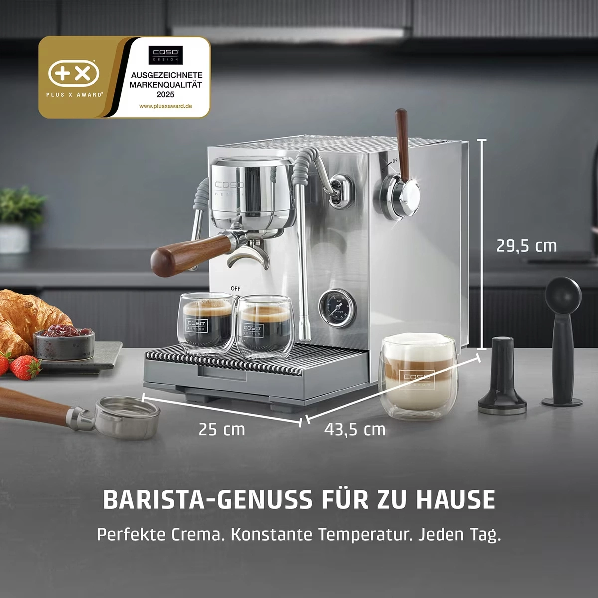 Barista-Genuss für zu Hause: Kaffeemaschine mit Zubehör, Maßen und Auszeichnung.