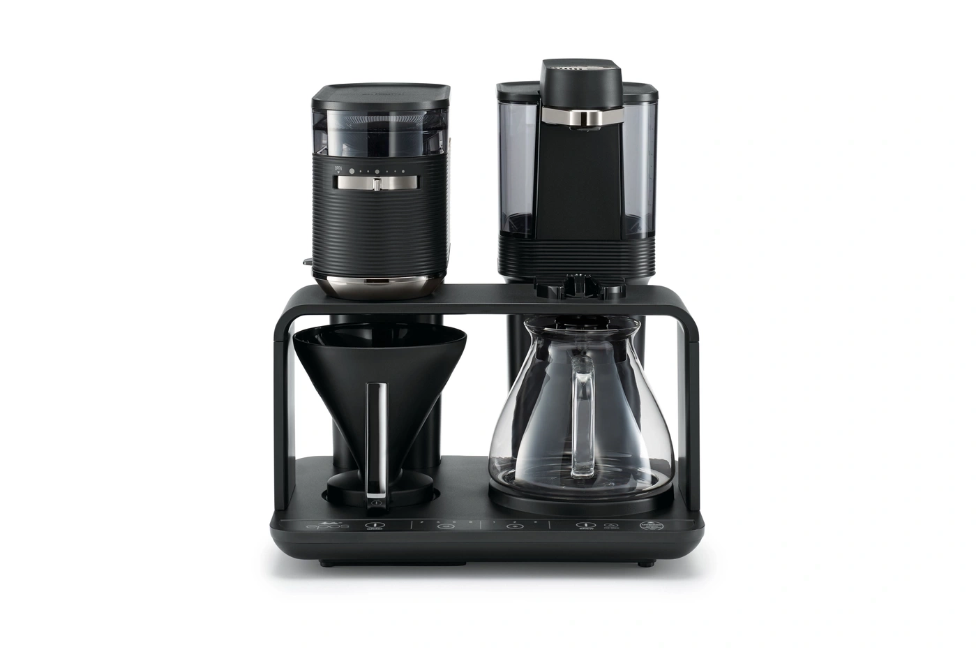 Schwarze Kaffeemaschine mit integrierter Kaffeemühle und Glaskanne für Filterkaffee.