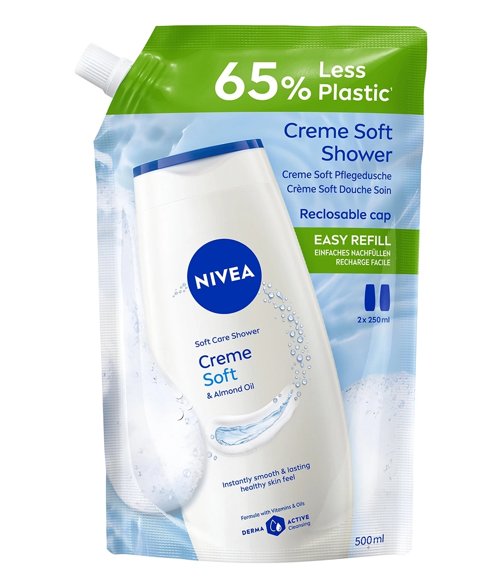 Nivea Creme Soft Duschgel Nachfüllbeutel mit 65% weniger Plastik.