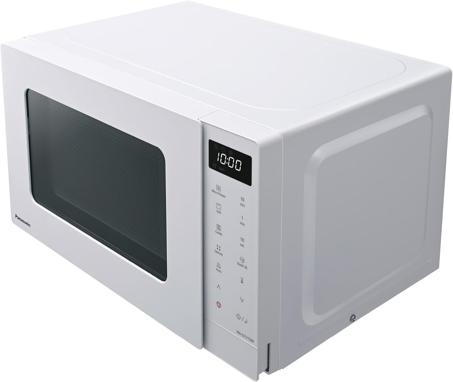 Weißer Panasonic Mikrowellenherd mit digitaler Anzeige und Bedienfeld. NN-GT21QW Modell.